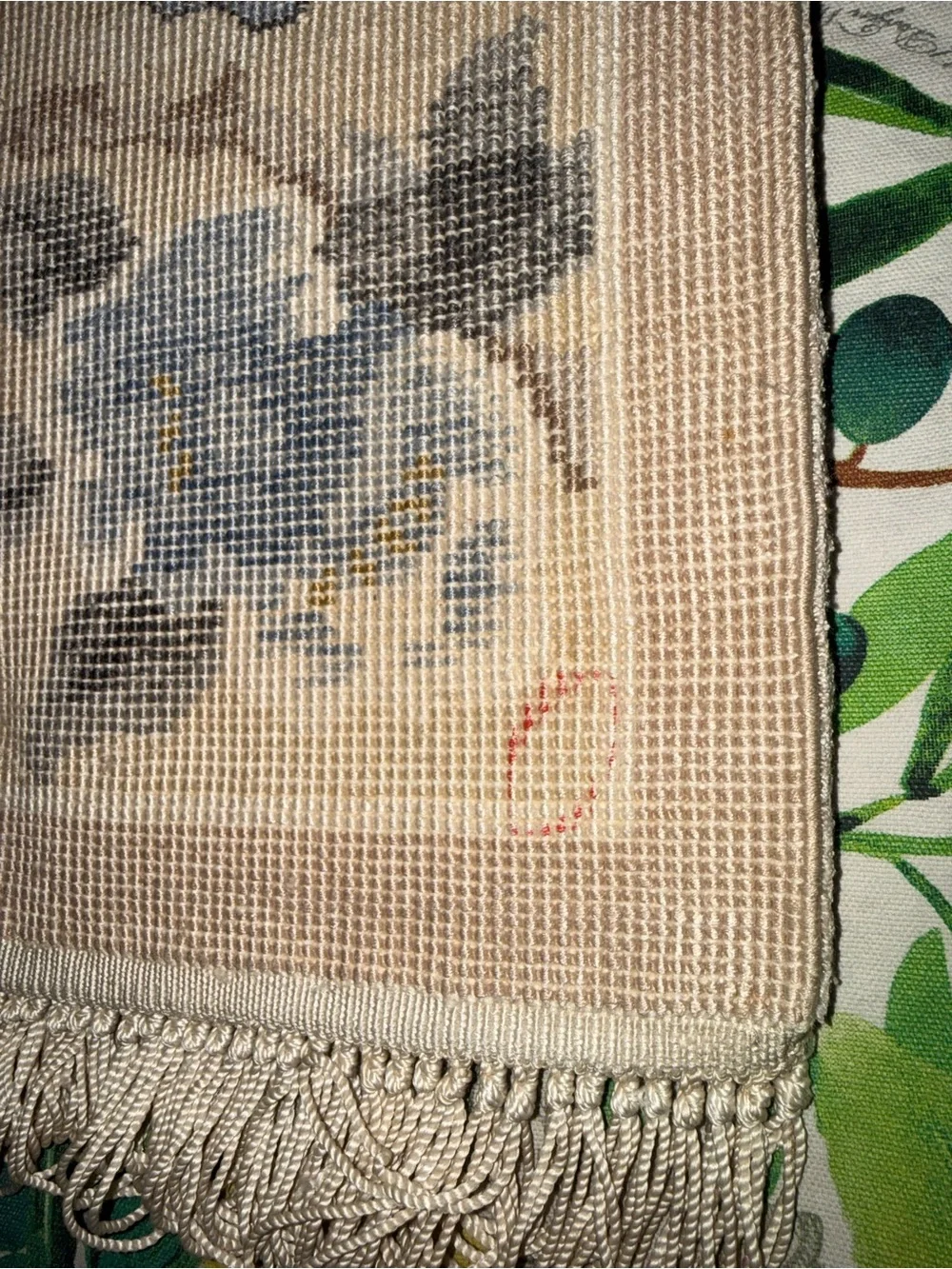 Vtg. Chinese hand-woven silk rug with bird and floral motifs.